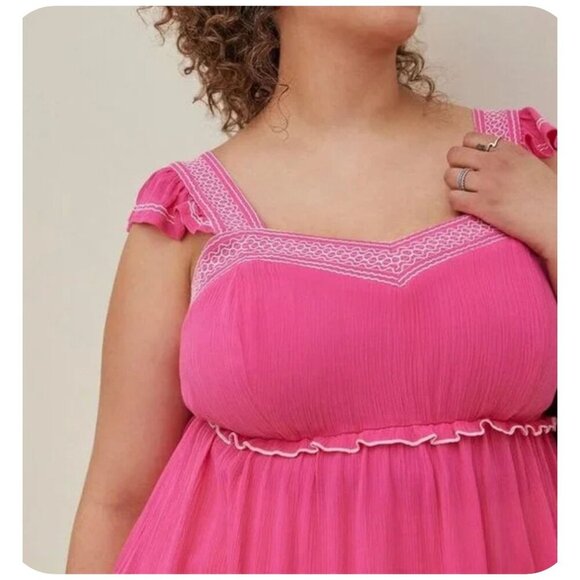 Torrid NWT $60 Babydoll Crinkle Gauze Embroidered Tiered Top Pink Women's Sz 2X - Picture 4 of 11